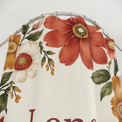 Wildblumen Duschvorhang personalisiert mit Name, Retro Blumen in Koralle und Senfgelb, Boho Badezimmer Deko, Einzugsgeschenk Badewanne