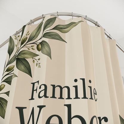 Familien Spa Duschvorhang personalisiert mit Familienname, Streifen und Blätter in Sand und Creme, Badezimmer Deko zum Einzug Geschenk Wanne