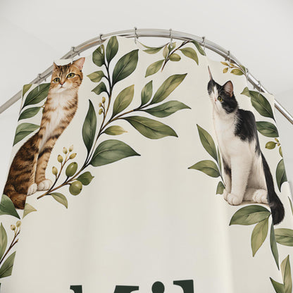 Katzen Duschvorhang personalisiert mit Name, Katzen und Blätter in Salbei und Creme, Badezimmer Deko, Geschenk für Katzenfans Badewanne
