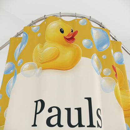 Badeenten Duschvorhang personalisiert mit Name, gelbe Enten und Seifenblasen, lustige Badezimmer Deko, persönliches Geschenk Badewanne