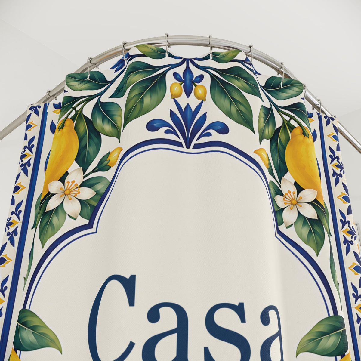 Zitronen Duschvorhang personalisiert mit Name, mediterranes Muster in Blau und Gelb, Badezimmer Deko, Geschenk zum Einzug Badewanne