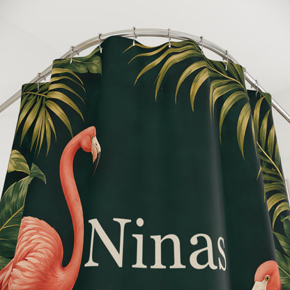 Flamingo Duschvorhang personalisiert mit Name, tropische Blätter in Dunkelgrün und Koralle, Badezimmer Oase, Geschenk zum Einzug Badewanne