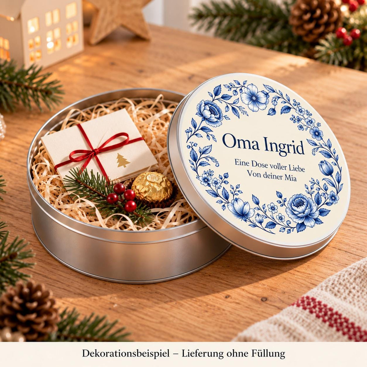 Oma Geschenkdose personalisiert | Gutschein Geschenkverpackung mit Namen | Blauer Blumenkranz | Weihnachten Geburtstag Muttertag