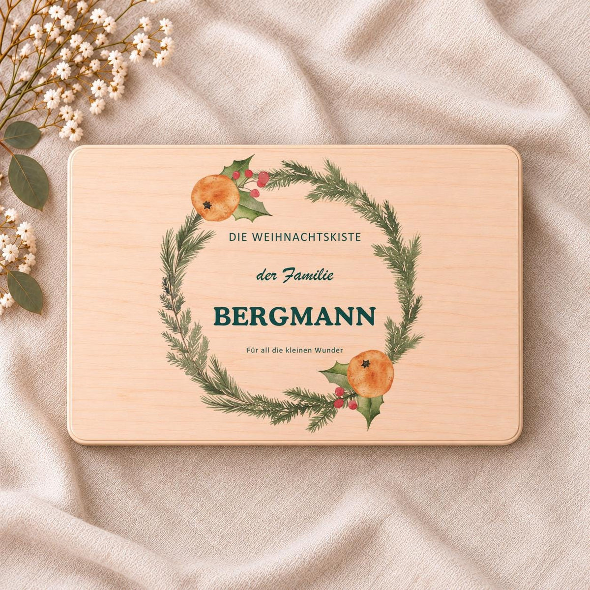 Weihnachtskiste Familie personalisiert mit Namen | Holzbox Winterkranz | Weihnachtsgeschenk Eltern Großeltern | Erinnerungsbox Feier Advent