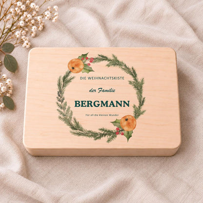 Weihnachtskiste Familie personalisiert mit Namen | Holzbox Winterkranz | Weihnachtsgeschenk Eltern Großeltern | Erinnerungsbox Feier Advent