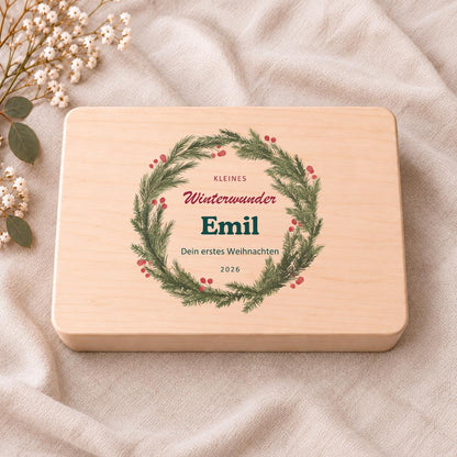 Babys erstes Weihnachten Erinnerungsbox personalisiert Namen | Holzbox Winterkranz | Weihnachtsgeschenk Baby Junge Mädchen Paten Geburtstag