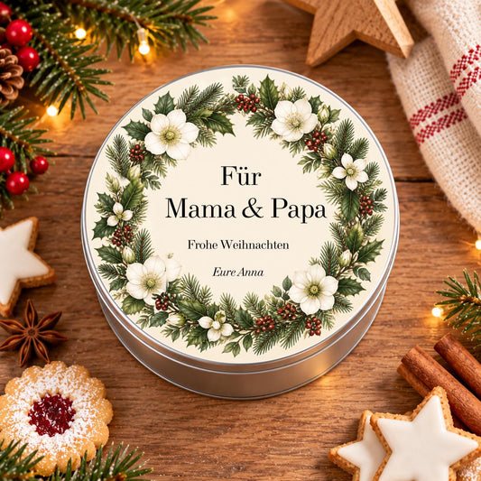Weihnachten Mama Papa Geschenkdose personalisiert | Gutschein Geschenkverpackung mit Namen | Geldgeschenk Eltern Christrosen