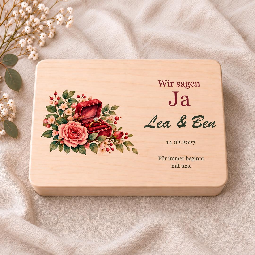 Verlobung Geschenk personalisiert mit Namen und Datum | Erinnerungskiste Ring Rosen | Holzbox für Paar Verlobte | Wir sagen Ja