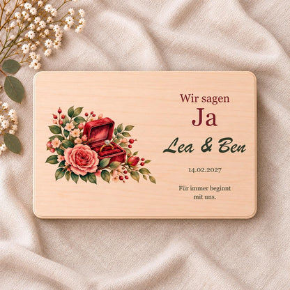 Verlobung Geschenk personalisiert mit Namen und Datum | Erinnerungskiste Ring Rosen | Holzbox für Paar Verlobte | Wir sagen Ja