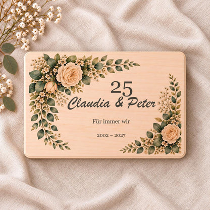 Silberhochzeit Geschenk personalisiert mit Namen | Holzbox Rosen Eukalyptus | Erinnerungskiste 25 Jahre Hochzeit für Eltern Großeltern
