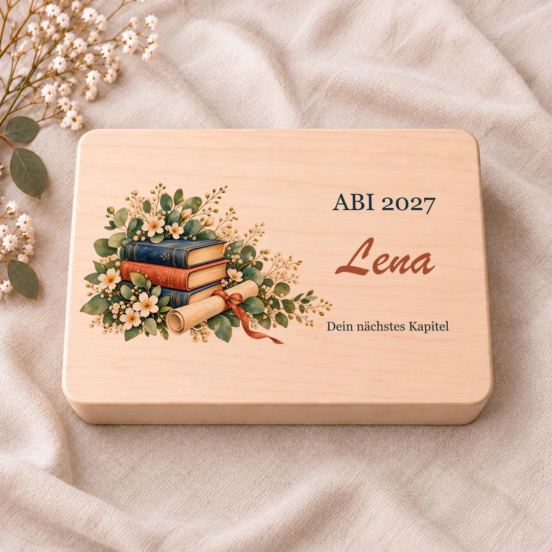 Abitur Geschenk personalisiert mit Namen und Jahr | Erinnerungskiste Bücher | Holzbox zum Schulabschluss für Tochter Sohn | Geldgeschenk