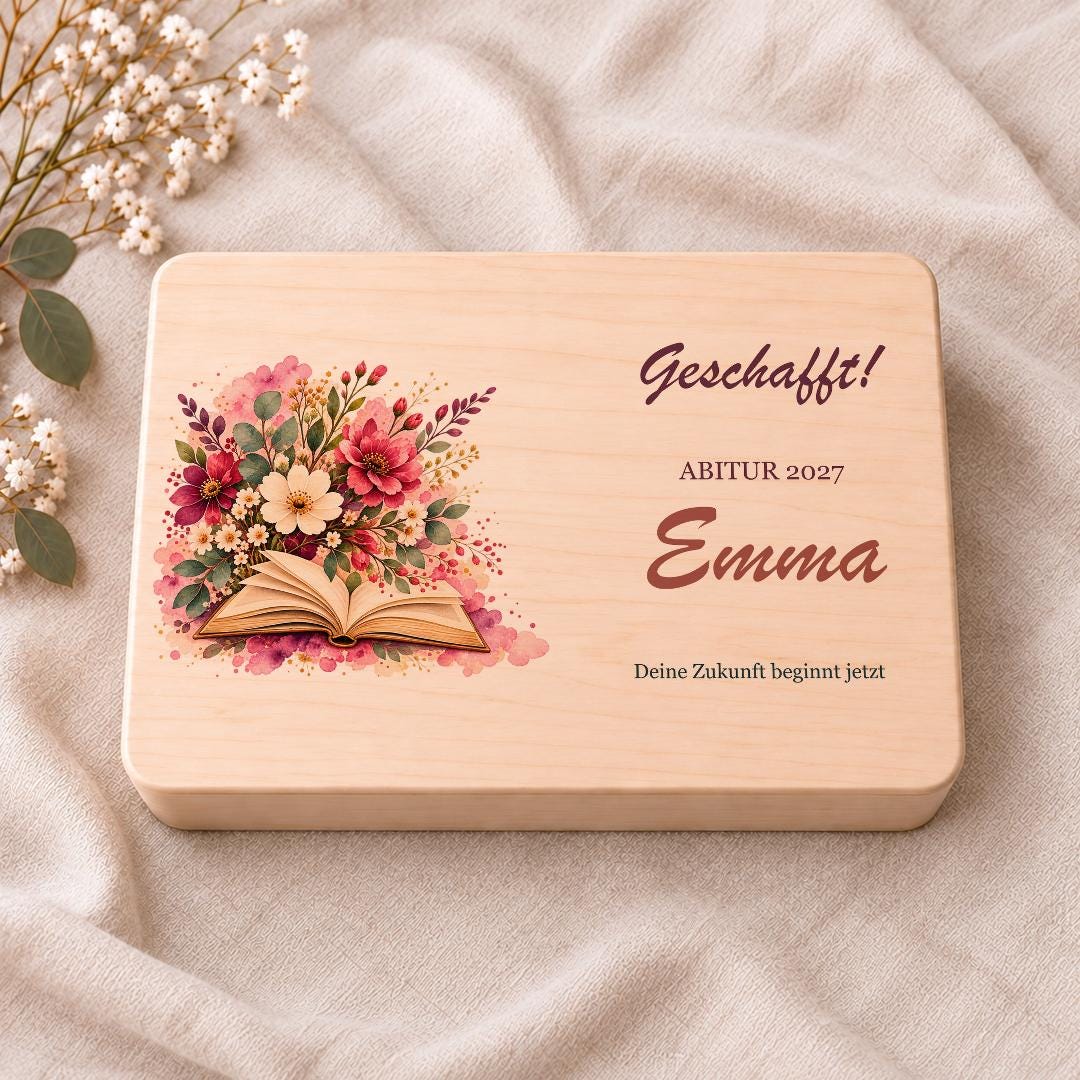 Abitur Geschenk für Tochter personalisiert | Erinnerungskiste mit Namen und Jahr | Holzbox Blumen Bücher | Schulabschluss Geldgeschenk