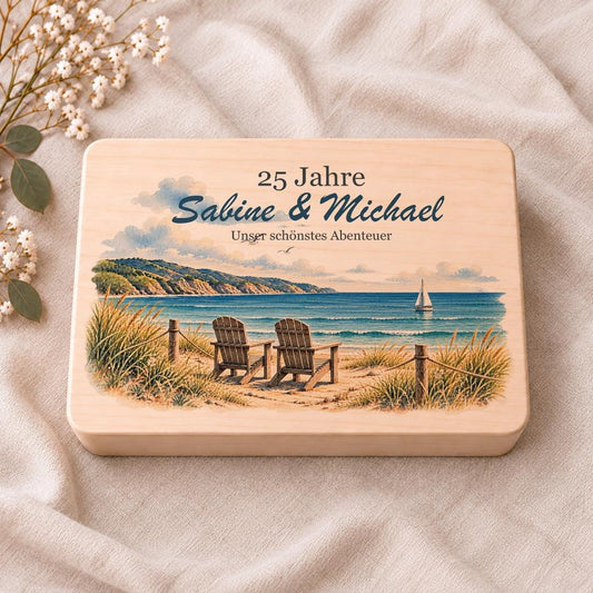 Silberhochzeit Geschenk für Eltern personalisiert | Erinnerungskiste 25 Jahre mit Namen | Holzbox Meer Strand | Ehepaar Hochzeitstag