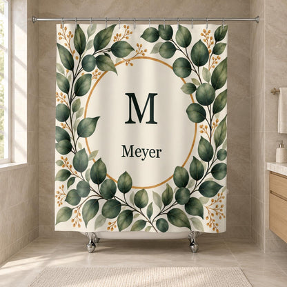 Eukalyptus Duschvorhang personalisiert | Monogramm & Familienname | Salbei Creme | Badezimmer Deko | Geschenk Hochzeit und Einzug