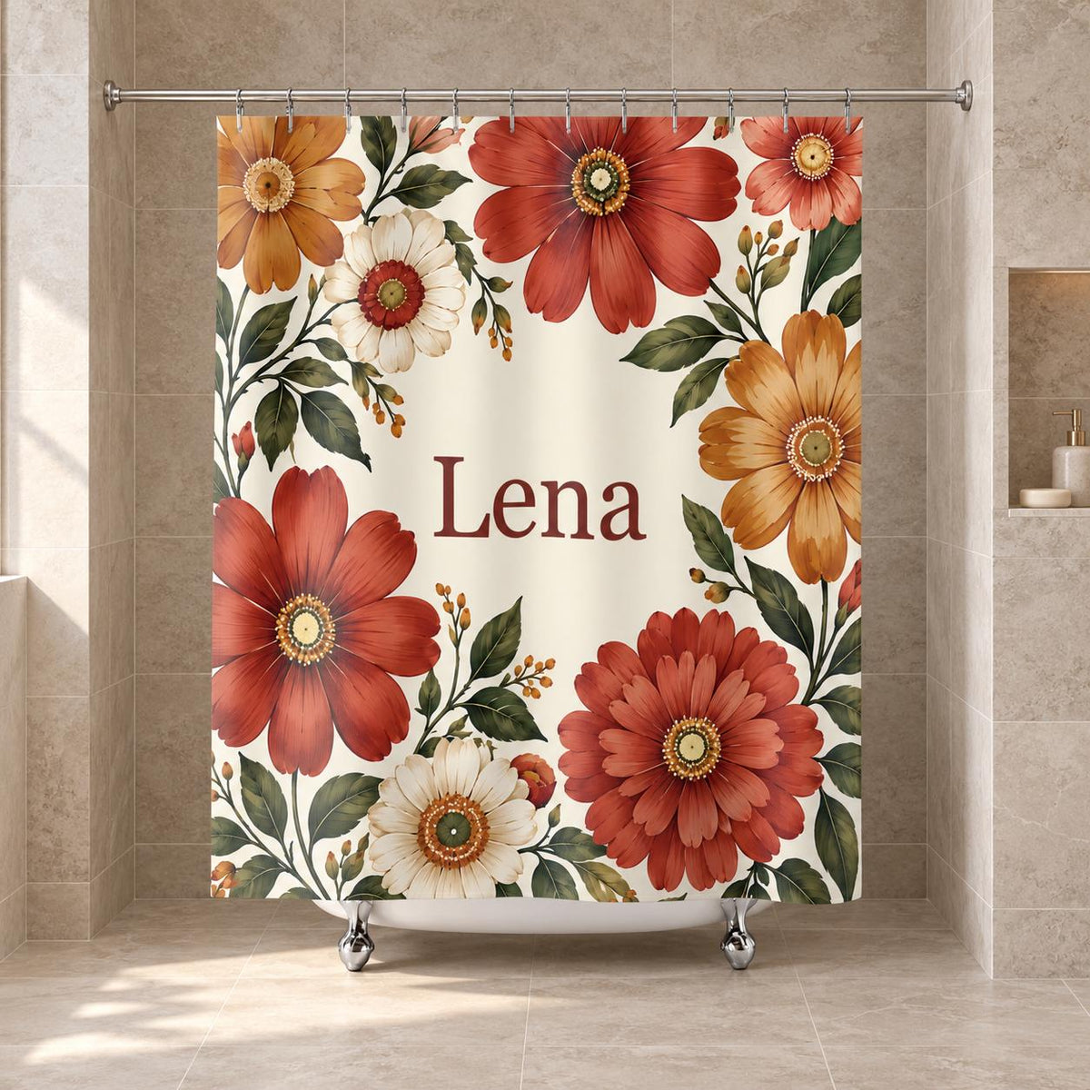 Wildblumen Duschvorhang personalisiert mit Name, Retro Blumen in Koralle und Senfgelb, Boho Badezimmer Deko, Einzugsgeschenk Badewanne