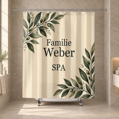 Familien Spa Duschvorhang personalisiert mit Familienname, Streifen und Blätter in Sand und Creme, Badezimmer Deko zum Einzug Geschenk Wanne