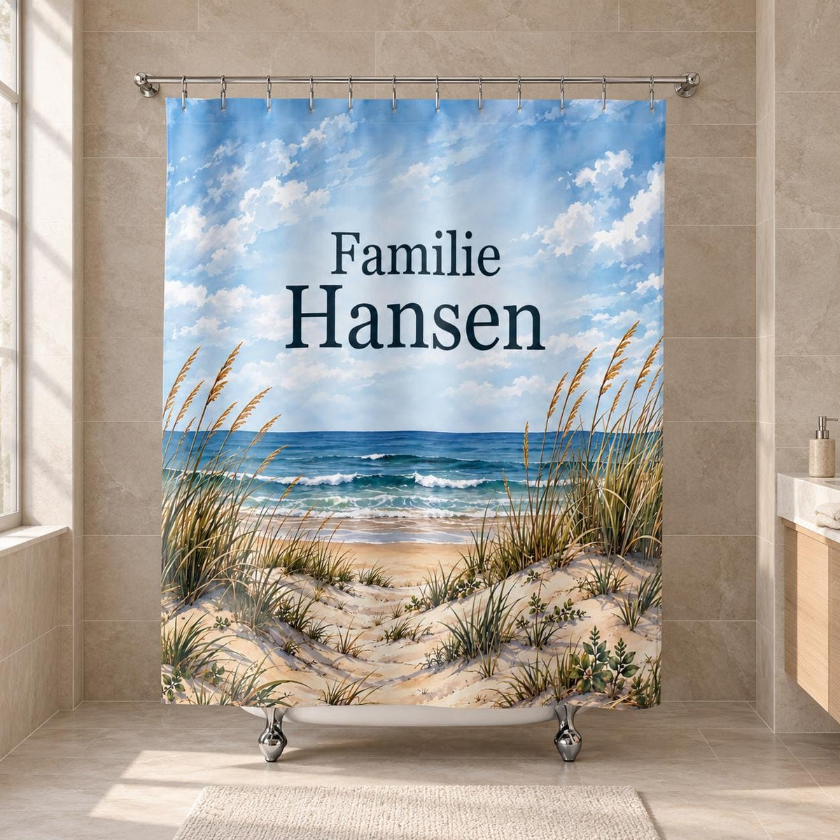 Küsten Duschvorhang personalisiert mit Familienname, Dünen und Meer in Blau und Sand, maritime Badezimmer Deko, Einzugsgeschenk Badewanne