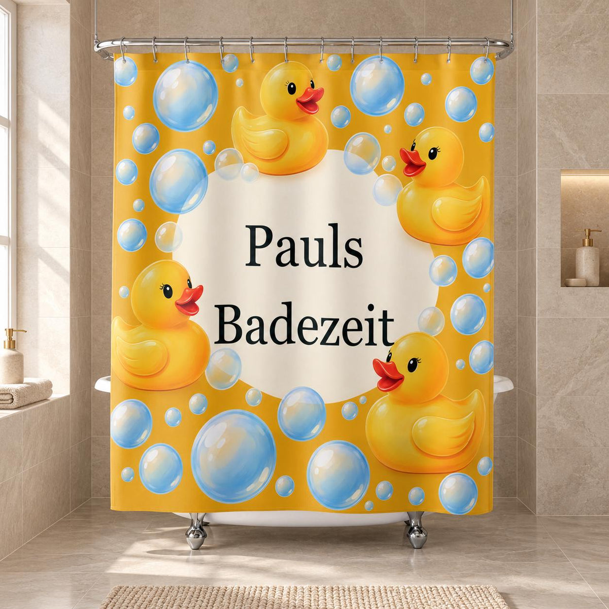 Badeenten Duschvorhang personalisiert mit Name, gelbe Enten und Seifenblasen, lustige Badezimmer Deko, persönliches Geschenk Badewanne