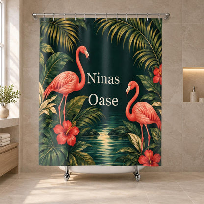 Flamingo Duschvorhang personalisiert mit Name, tropische Blätter in Dunkelgrün und Koralle, Badezimmer Oase, Geschenk zum Einzug Badewanne