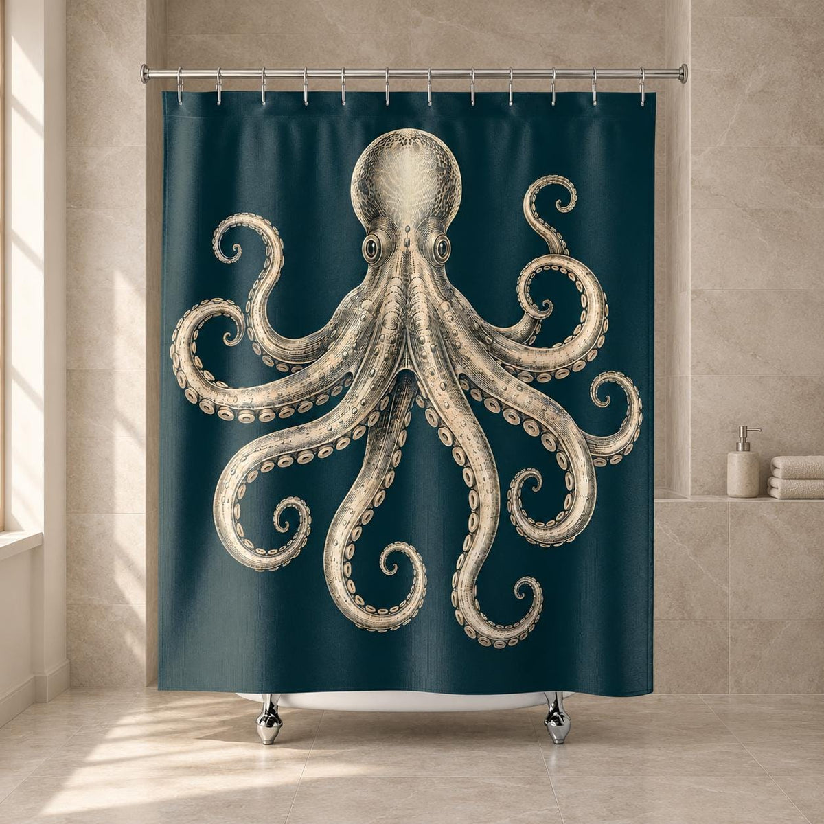 Oktopus Duschvorhang im Vintage Stil, cremefarbene Meeresillustration auf Petrol, maritime Badezimmer Deko für Meeresliebhaber Badewanne