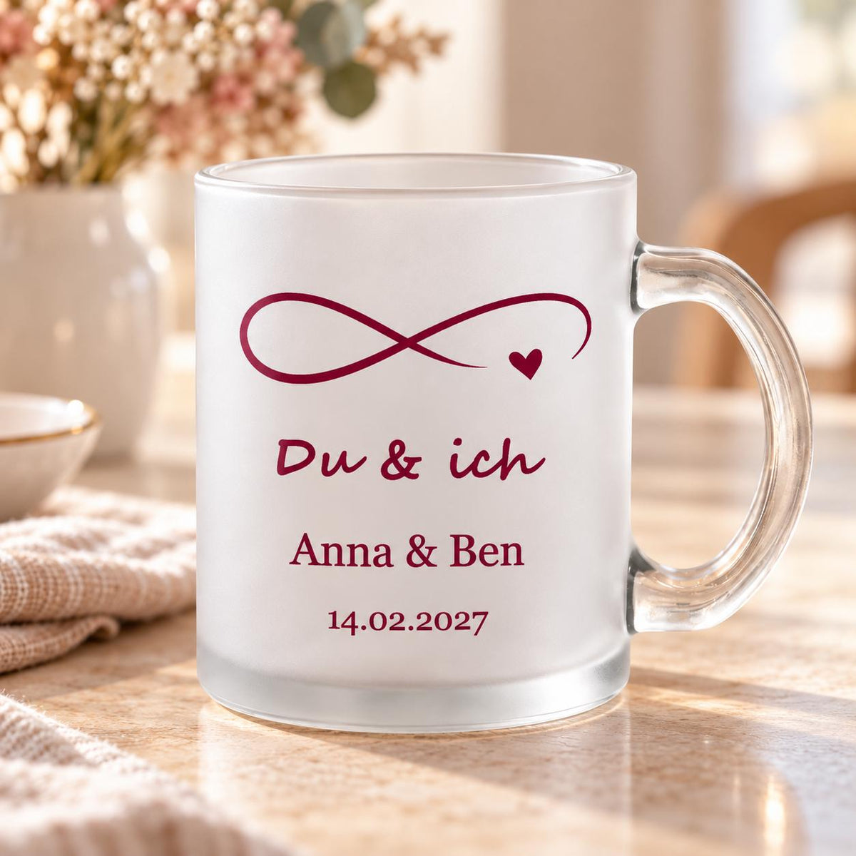 Du & ich Unendlichkeit Glastasse personalisiert, Glas satiniert, Teetasse, Glühweinbecher, Valentinstag Jahrestag Geburtstag Hochzeit