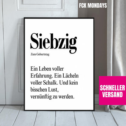 70. Geburtstag Poster personalisierbar | Siebzig Definition mit lustigem Spruch | Geschenk Frau Mann | Typografie Wandbild Wunschalter Druck