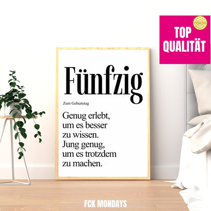 50. Geburtstag Poster personalisierbar | Fünfzig Definition mit lustigem Spruch | Geschenk Frau Mann | Typografie Wandbild Wunschalter Druck