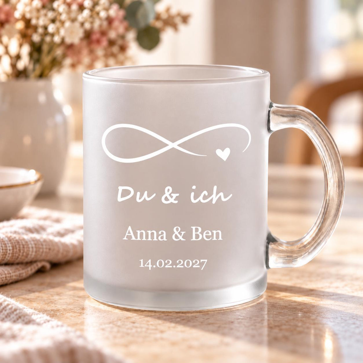 Du & ich Unendlichkeit Glastasse personalisiert, Glas satiniert, Teetasse, Glühweinbecher, Valentinstag Jahrestag Geburtstag Hochzeit