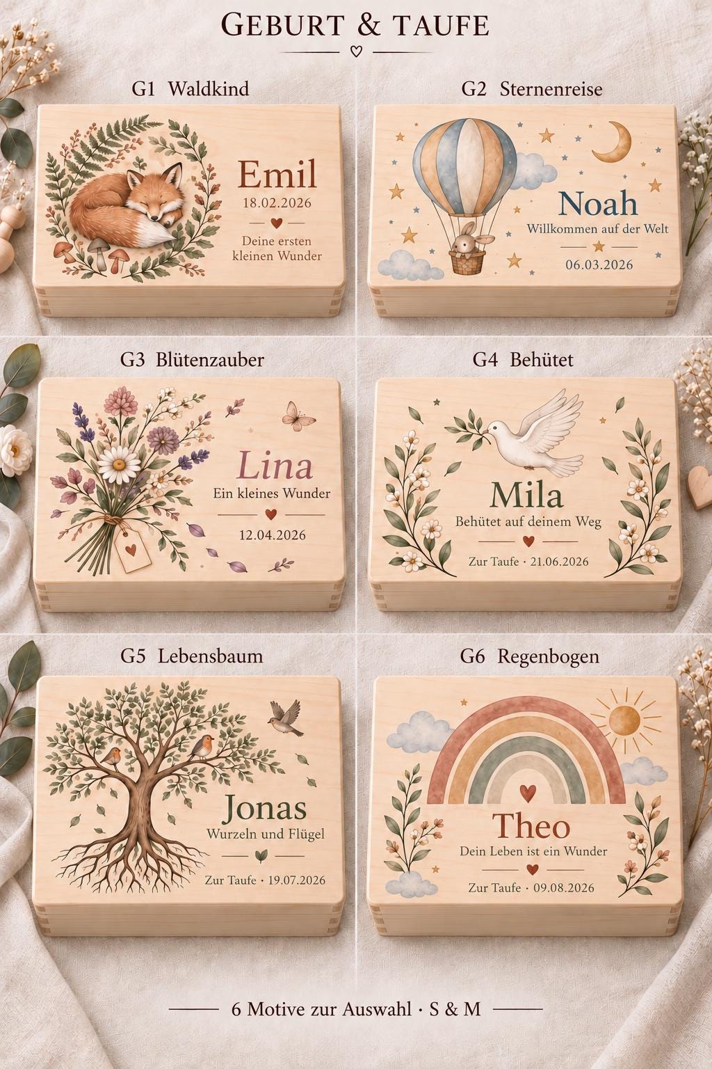 Geschenk zur Geburt für Baby Junge Mädchen | Personalisierte Erinnerungskiste mit Namen und Datum | Fuchs Waldmotiv | Holzbox Babyandenken