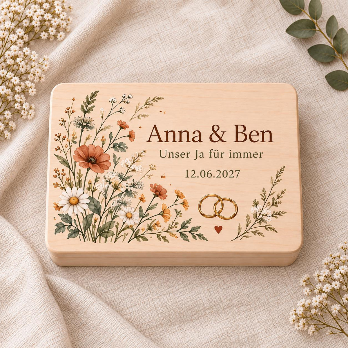 Hochzeit Erinnerungskiste personalisiert mit Namen und Datum | Wildblumen und Ringe | Hochzeitsgeschenk Brautpaar | Geldgeschenk Standesamt