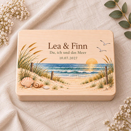 Hochzeit Erinnerungskiste personalisiert mit Namen und Datum | Meer und Dünen | Hochzeitsgeschenk Brautpaar | Holzbox Geldgeschenk maritim
