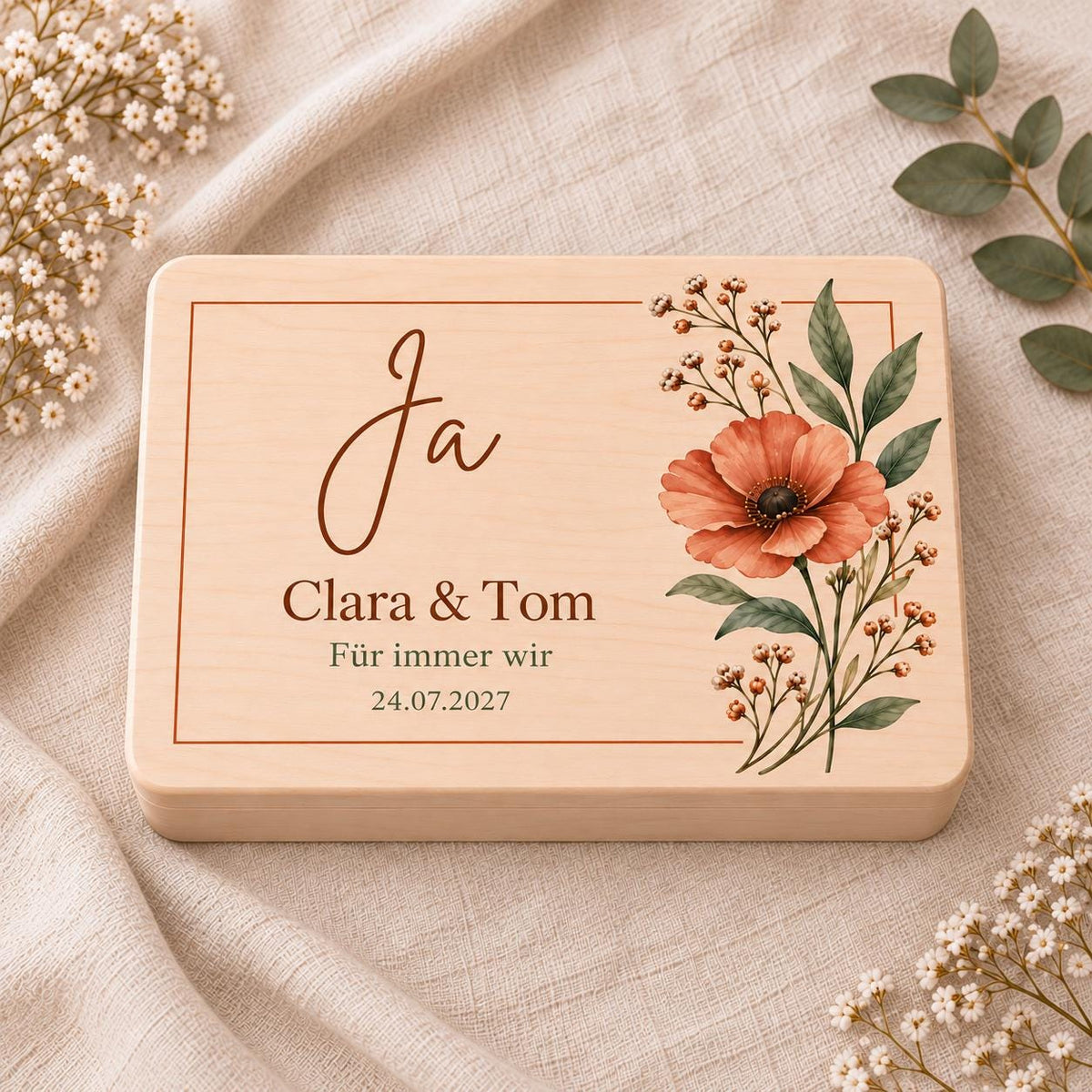 Hochzeit Erinnerungskiste personalisiert mit Namen und Datum | Modernes Ja mit Blumen | Hochzeitsgeschenk Brautpaar | Geldgeschenk Trauung