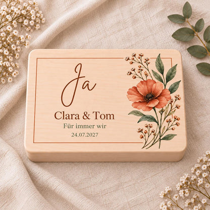 Hochzeit Erinnerungskiste personalisiert mit Namen und Datum | Modernes Ja mit Blumen | Hochzeitsgeschenk Brautpaar | Geldgeschenk Trauung