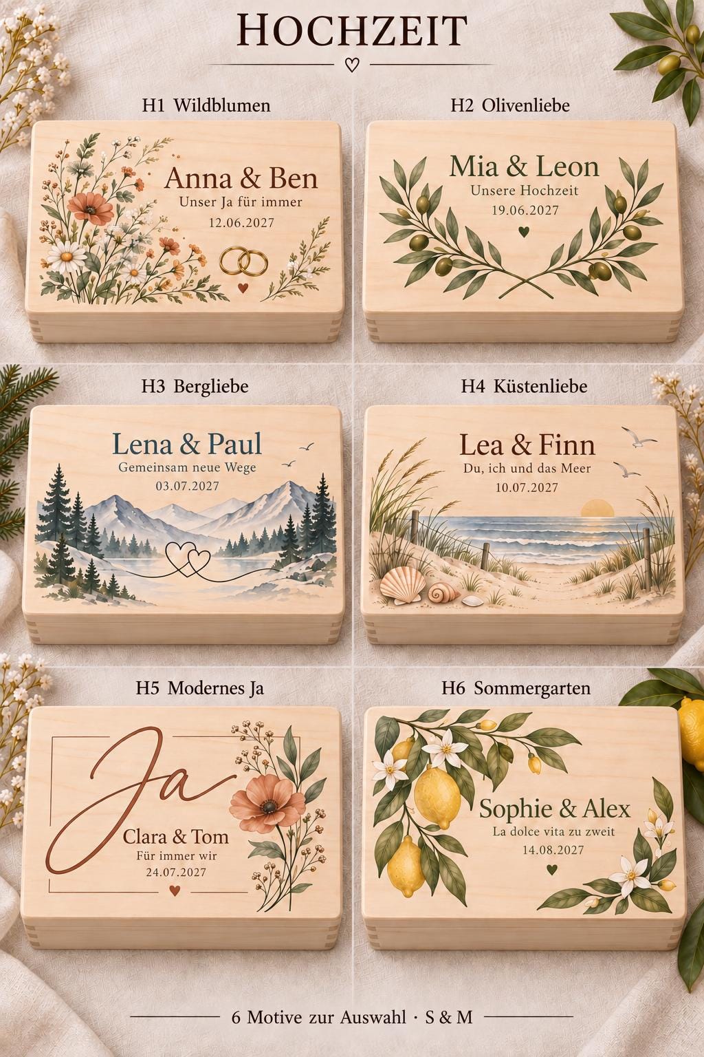 Hochzeit Erinnerungskiste personalisiert mit Namen und Datum | Modernes Ja mit Blumen | Hochzeitsgeschenk Brautpaar | Geldgeschenk Trauung