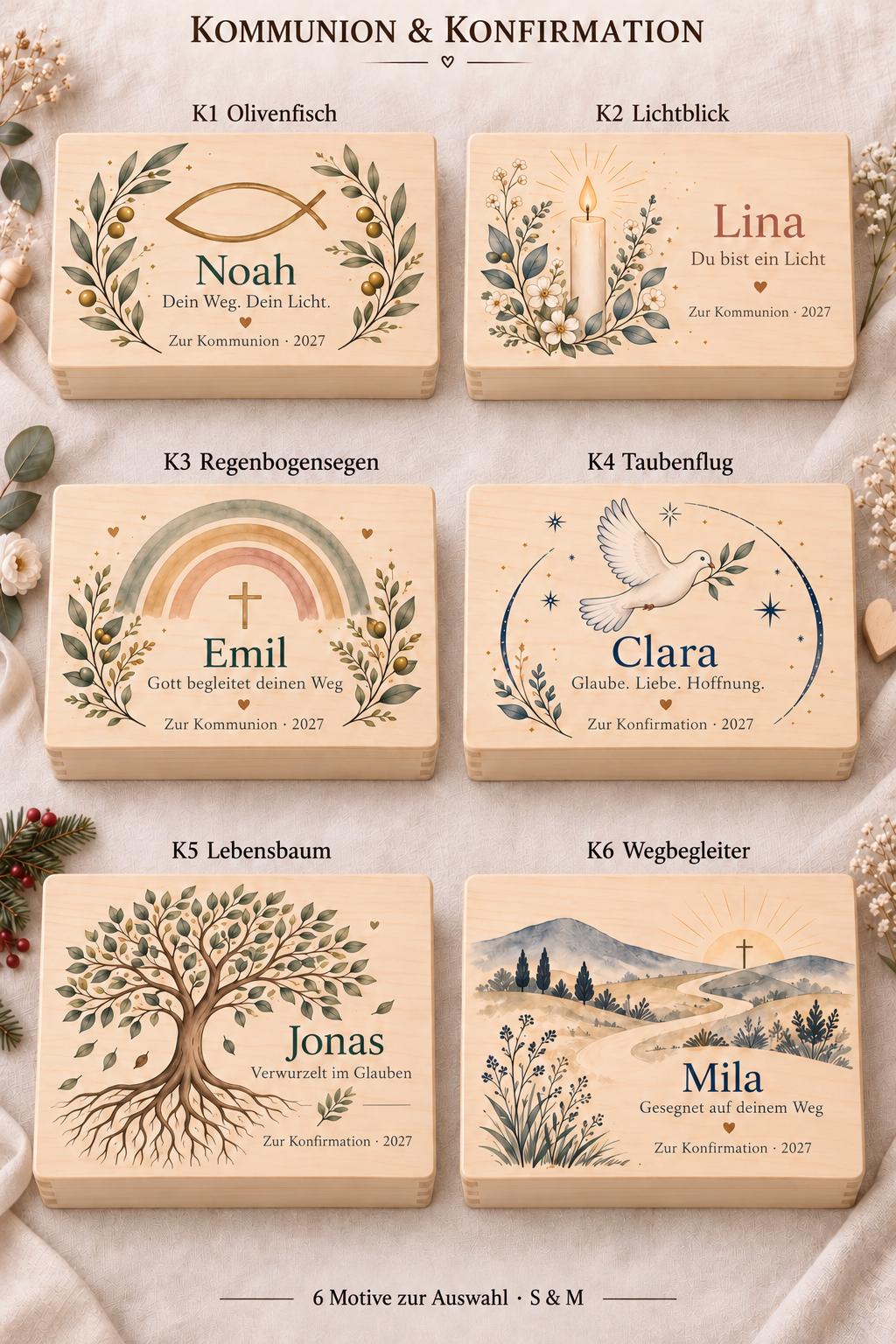Kommunion Konfirmation Erinnerungskiste personalisiert mit Namen | Olivenfisch und Olivenzweige | Holzbox Geschenk von Paten | Junge Mädchen