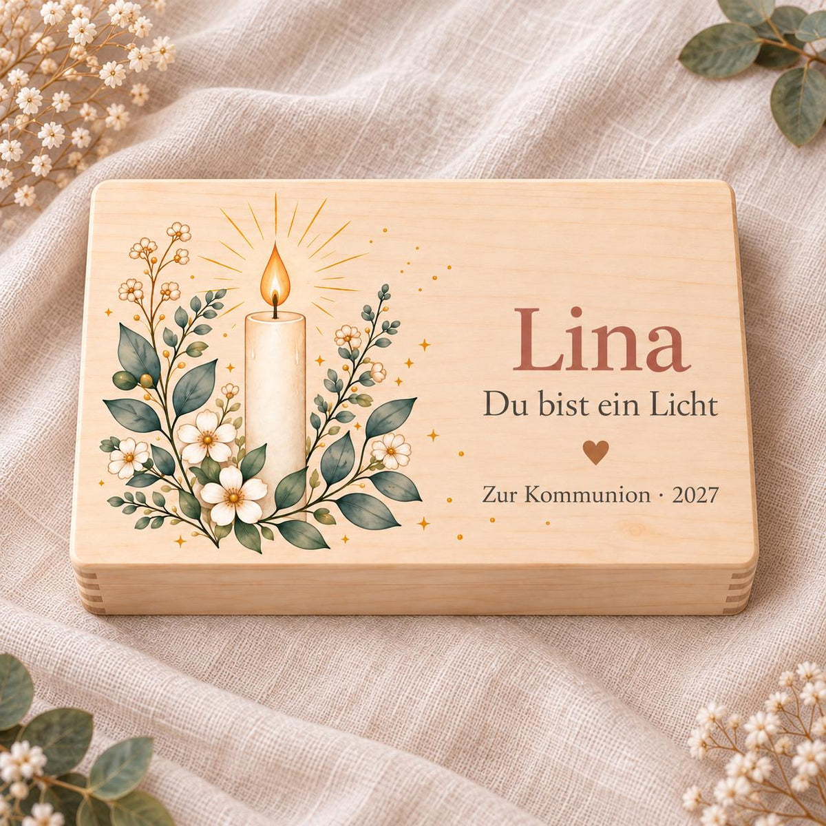Kommunion Konfirmation Erinnerungskiste personalisiert mit Namen | Kerze und Blüten | Holzbox Geschenk von Paten | Patenkind Junge Mädchen