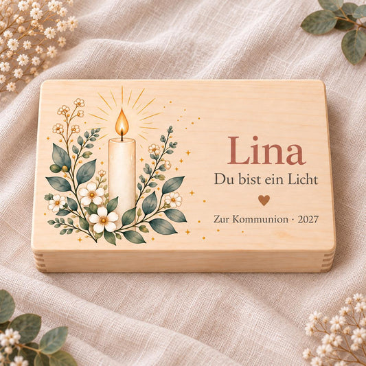 Kommunion Konfirmation Erinnerungskiste personalisiert mit Namen | Kerze und Blüten | Holzbox Geschenk von Paten | Patenkind Junge Mädchen