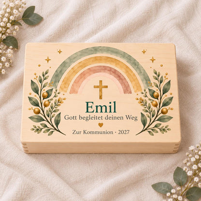 Kommunion Konfirmation Erinnerungskiste personalisiert mit Namen | Regenbogen und Kreuz | Holzbox Geschenk von Paten | Junge Mädchen