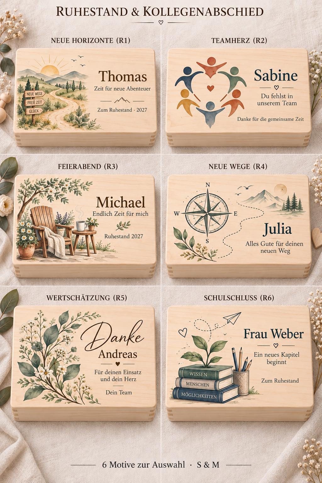 Ruhestand Erinnerungskiste personalisiert mit Namen | Abschiedsgeschenk für Kollegen und Kolleginnen | Holzbox zum Rentenbeginn | Wegweiser