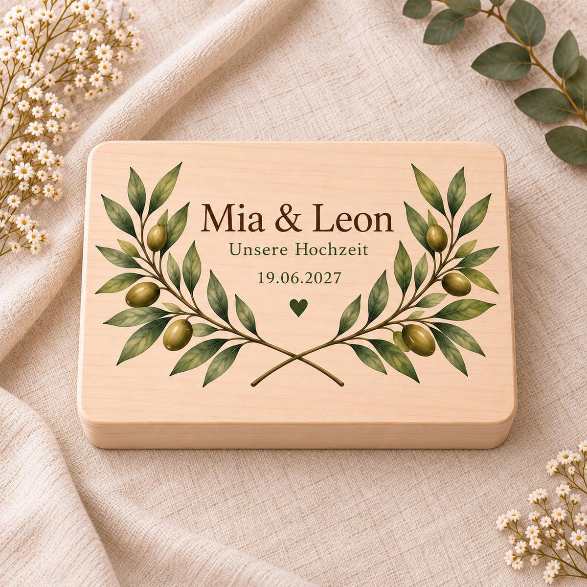 Hochzeit Erinnerungskiste personalisiert mit Namen und Datum | Olivenzweige | Hochzeitsgeschenk Brautpaar | Holzbox Geldgeschenk Standesamt