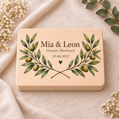 Hochzeit Erinnerungskiste personalisiert mit Namen und Datum | Olivenzweige | Hochzeitsgeschenk Brautpaar | Holzbox Geldgeschenk Standesamt