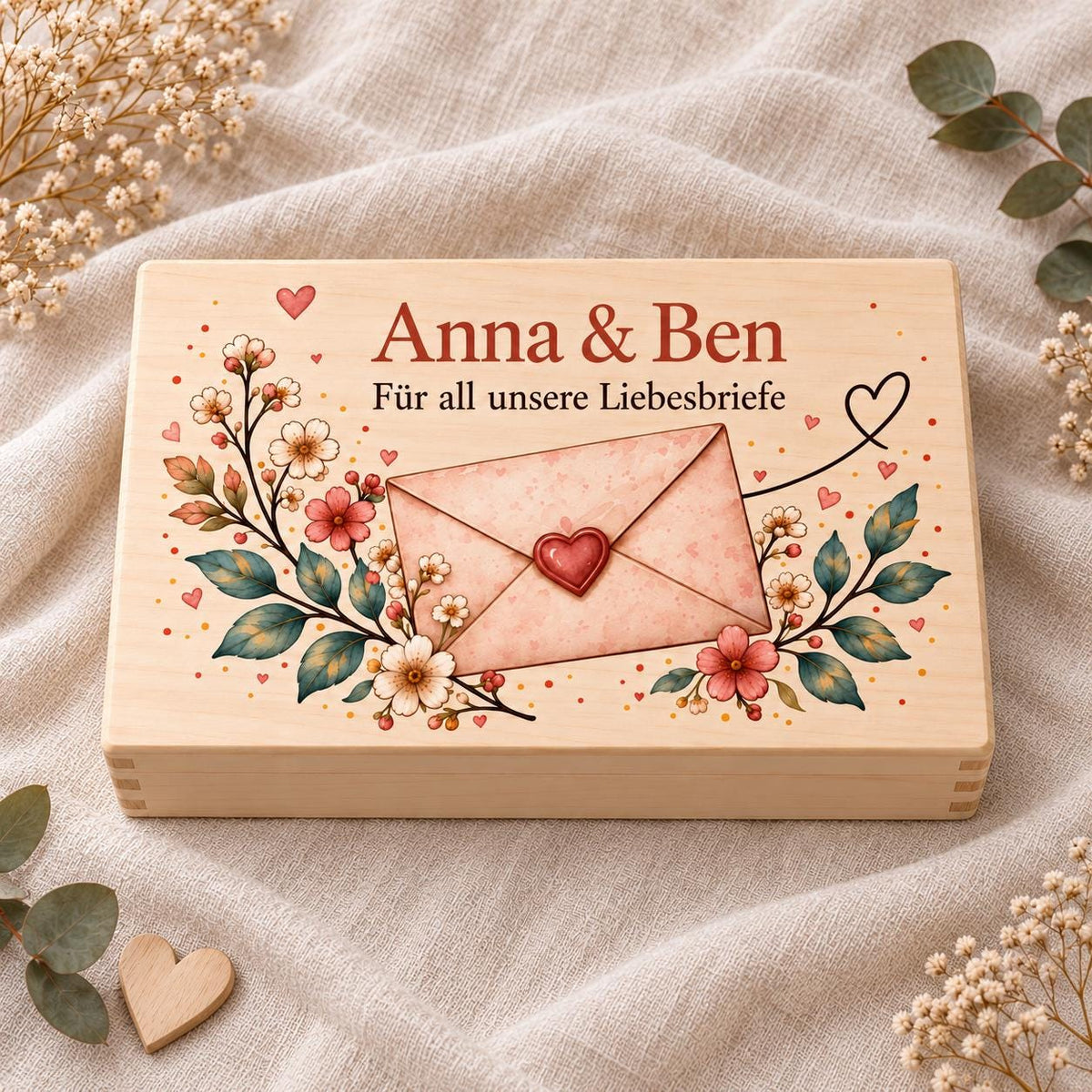 Jahrestag Erinnerungskiste personalisiert mit Namen | Liebesbrief und Blumen | Valentinstag Geschenk für Partner | Holzbox Freundin Freund