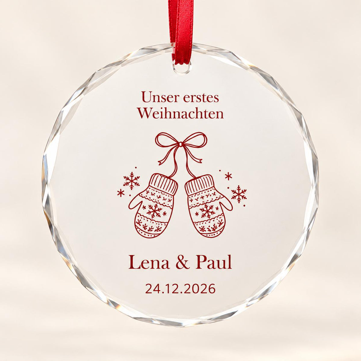 Erstes Weihnachten Glasornament personalisiert mit Namen und Datum – Handschuh-Motiv, Geschenk für Paare, Ehepaar und frisch Verliebte