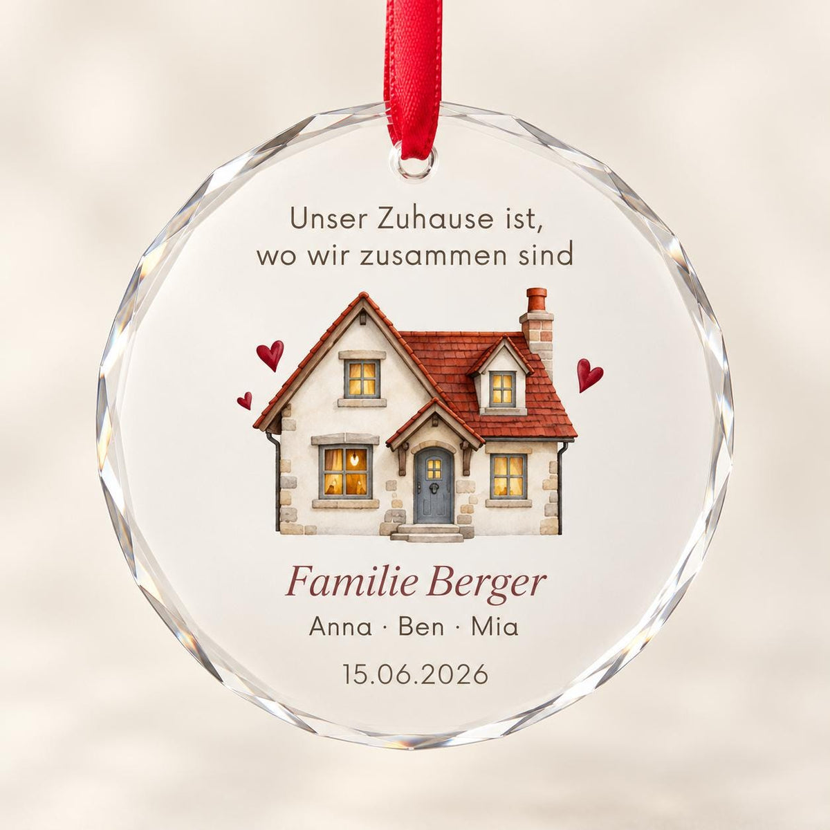 Familie Glasornament personalisiert mit Familienname und Datum – Haus-Motiv, Geschenk zum Einzug für Eltern, neues Zuhause, Weihnachten