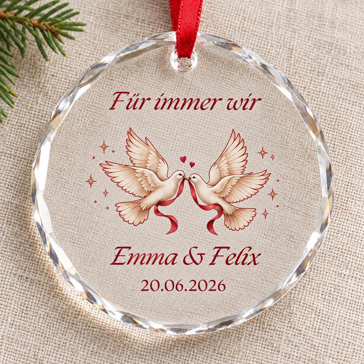 Hochzeit Glasornament personalisiert mit Namen und Datum – Tauben, Geschenk fürs Brautpaar, Hochzeitsandenken und Weihnachtsanhänger