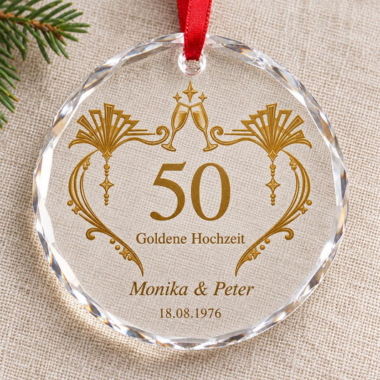 Goldene Hochzeit Glasornament personalisiert mit Namen und Datum – Geschenk zum 50. Hochzeitstag für Eltern und Großeltern, Art-Déco-Deko