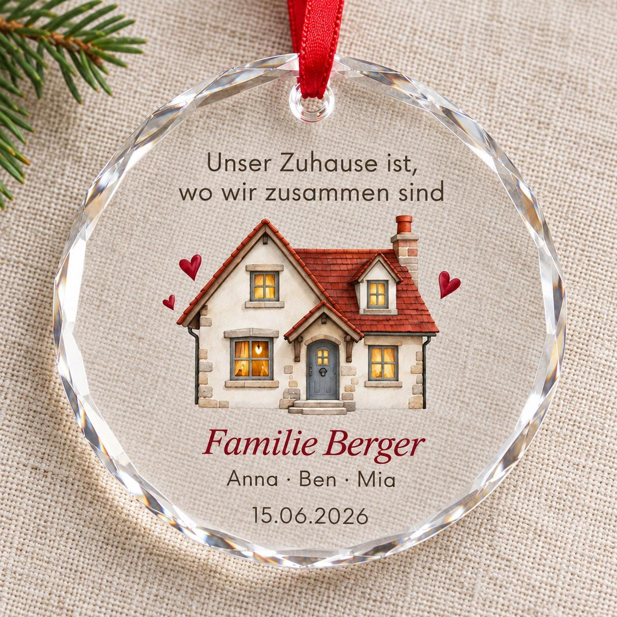 Familie Glasornament personalisiert mit Familienname und Datum – Haus-Motiv, Geschenk zum Einzug für Eltern, neues Zuhause, Weihnachten