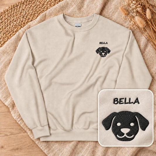Personalisierter Hundepullover mit Name – Bestickter Unisex Sweater Hundesilhouette, Geschenk Hundemama Hundepapa Haustier Bild Sand Beige