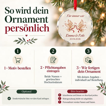 Hochzeit Glasornament personalisiert mit Namen und Datum – Tauben, Geschenk fürs Brautpaar, Hochzeitsandenken und Weihnachtsanhänger