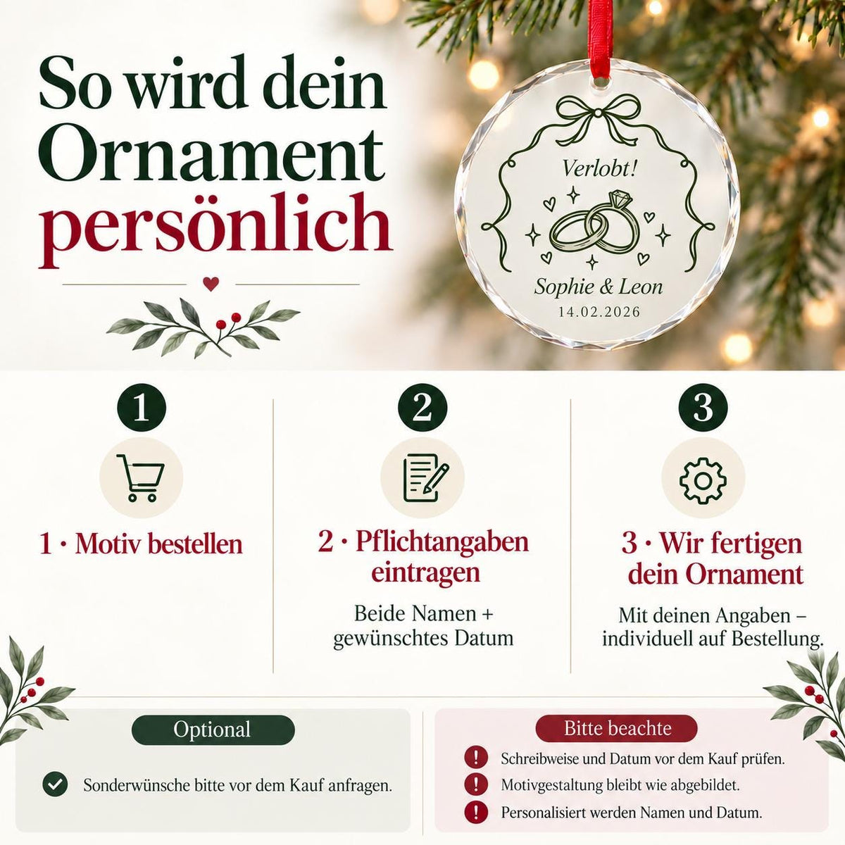 Verlobung Glasornament personalisiert mit Namen und Datum – Ringe und Schleife als Doodle, Geschenk für Verlobte, Paare, Weihnachtsanhänger